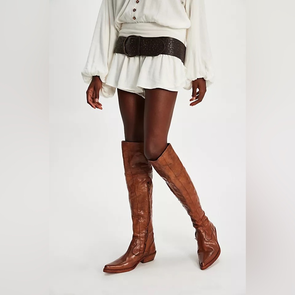 Free People Washed Cognac Leather Maggie Over The Knee Western Cowboy Boots 11